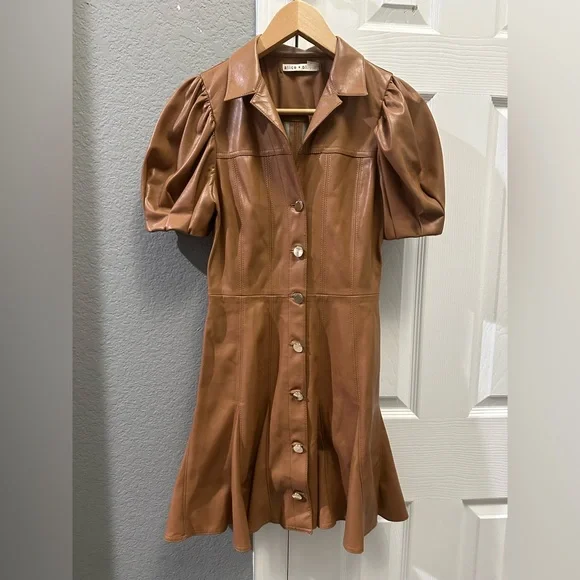 Alice + Olivia brown vegan leather mini dress size 0 - Picture 3 of 8